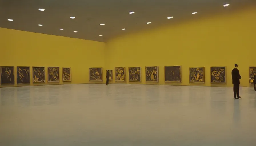 Image similar to 60s movie still of a sovietic stalinist style empty art museum with a soviet congress with yellow wall, technicolor, liminal Space style, heavy grain