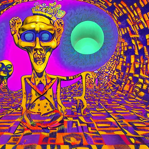 Image similar to Psychedelic Inter-dimensional freemasonic checkered trippy dreamscape in the style of an album cover by Howard Finster, Michael Cheval (unreal engine, 3d highly detailed, 8k, UHD, fantasy, dream, otherworldly, bizzare, spirals, colourful, vivid)