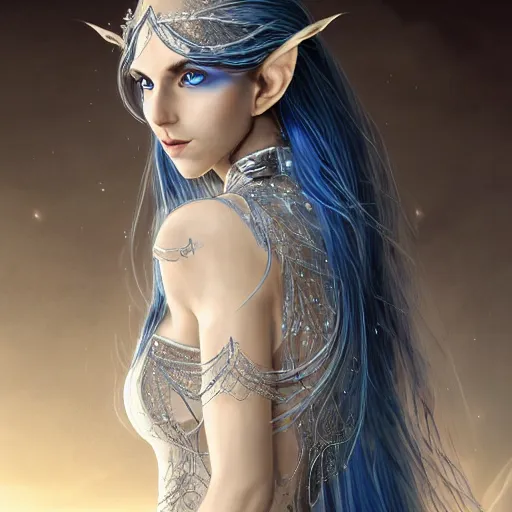 Image similar to an elven woman with long, silver hair cascading down her back. she has delicate, angular features and piercing blue eyes. she's clad in a flowing white dress with intricate silver embroidery, dynamic lighting, photorealistic fantasy concept art, trending on art station, stunning visuals, creative cinematic, ultra detailed