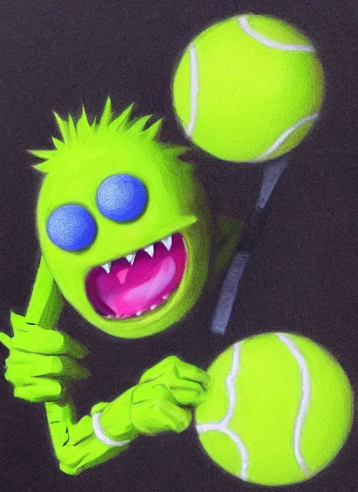 Prompt: tennis ball monsters playing tennis, a tennis ball monster ,tennis ball, Sci fi, lasers, digital art, fantasy, magic, trending on artstation, ultra detailed, professional illustration,chalk, poster artwork by Basil Gogos , clean