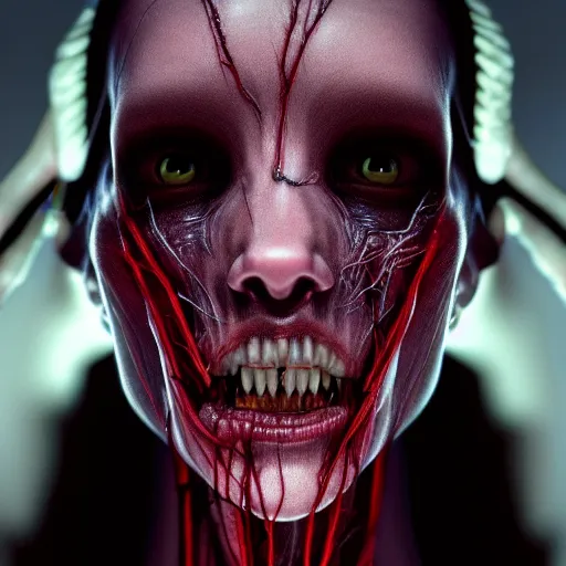Prompt: female vampire monster with translucent skin, visible muscles and veins and arteries and bones and spine and nerves, beautiful detailed intricate insanely detailed octane render, 8K artistic photography, photorealistic, chiaroscuro, by David Cronenberg, Raphael, Caravaggio