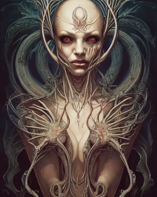 Image similar to perfectly centered portrait front view of a dead rotten beautiful female daemon growing ornamentation, ornate, detailed, symmetrical, elegant, beautifully soft lit, by wayne barlowe, peter mohrbacher, kelly mckernan