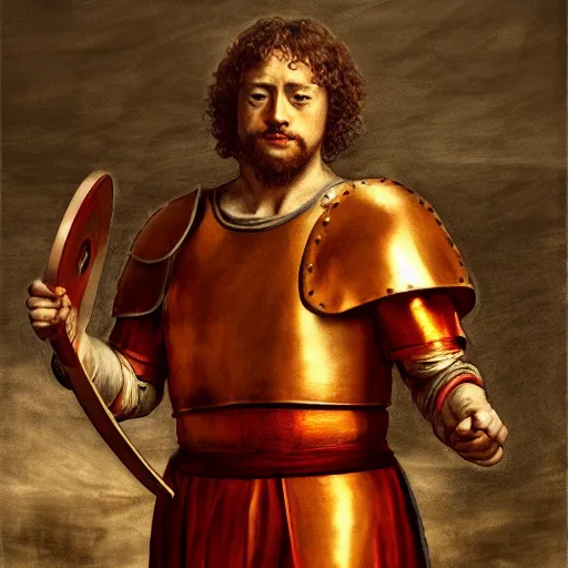 Image similar to Sam Hyde as a Roman warrior wearing gold and red armor, elegant suit, looking at bloody fist, portrait art by Leonardo da Vinci, highly detailed, digital painting, concept art, illustration, dim lighting with twilight rays of sunlight, trending on artstation, very detailed, smooth, sharp focus, octane render, close up