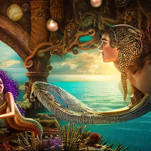 Image similar to unreal engine, octane render, intricate detail, gilbert williams portrait of tan sumerian mermaid goddess atargatis, with aqua neon rapunzel dreadlocks adorned in seashells, near crystal temple in atlantis, iridescent dolphins swimming in the sea, unicorn flying in the sky, paleozoic atlantis