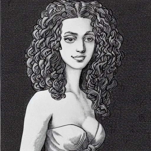 Image similar to a black and white drawing of a woman with long curly hair using a dress