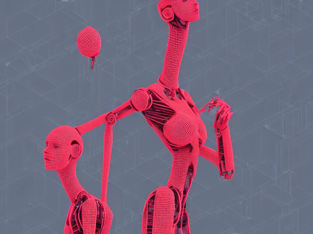 Image similar to beautiful tall female robot printed with red and black 3 d geometrical neon guarding a wall of computers!!!!!!!!!! + flowering vaporwave orchids!!!, transcendent, clean linework, dramatic, finely detailed, 4 k, trending on artstation, photorealistic, award winning, rule of thirds, volumetric lighting, octane render