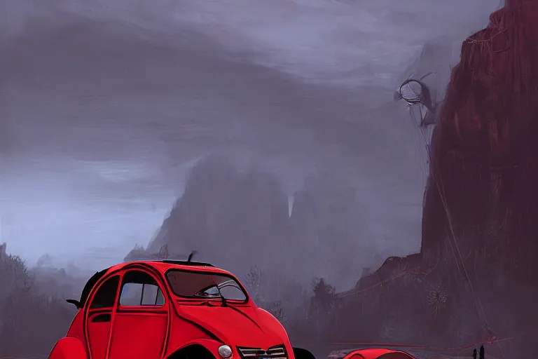 Image similar to red and black citroen 2 cv ( 1 9 6 5 ) driving across the rift, riften city in the background, epic fantasy, the elder scrolls v : skyrim, dramatic lighting, establishing shot, by simon stalenhag