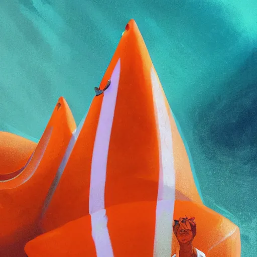 Prompt: orange and white striped traffic cone with 5 rows of shark teeth breaking through the cracks, ocean background detailed atmospheric - ron cheng & alphonse mucha, highly detailed, digital painting, ray tracing, concept art, illustration, smooth sharp focus, intricate, symmetry, artstation,