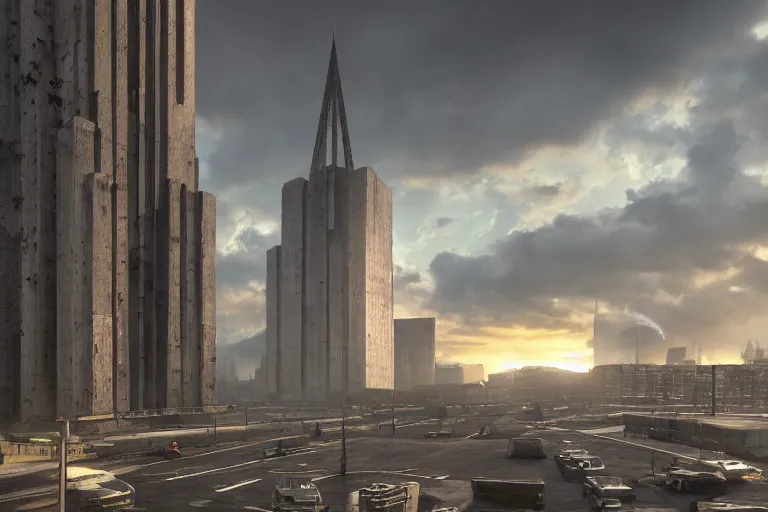 Image similar to streetscape, a towering cathedral of brutalist architecture, buildings covered with greebles, stunning volumetric light, sunset, metal, concrete and translucent material, stunning skies, majestic landscape, trending on Artstation, 8k, photorealistic, hyper detailed, unreal engine 5, IMAX quality, cinematic, epic lighting, in the style of Greg Rutkowski