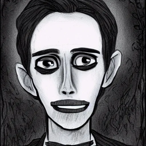 Image similar to young man portrait, black hair, skinny, sleep deprived, corpse bride art style