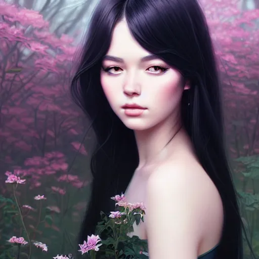 Image similar to a beautiful girl with long black hair, royal garden background, sharp focus, intricate, digital painting, artstation, highly detailed, ambient lighting, portrait by Rossdraws, artgerm, Ilya Kuvshinov, and Greg Rutkowski