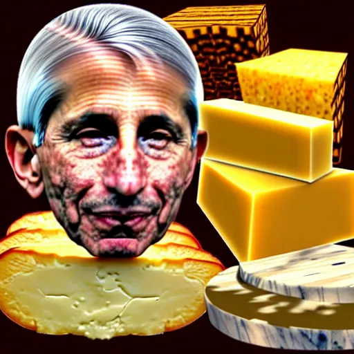 Image similar to uhd photorealistic anthony fauci made of various cheeses.