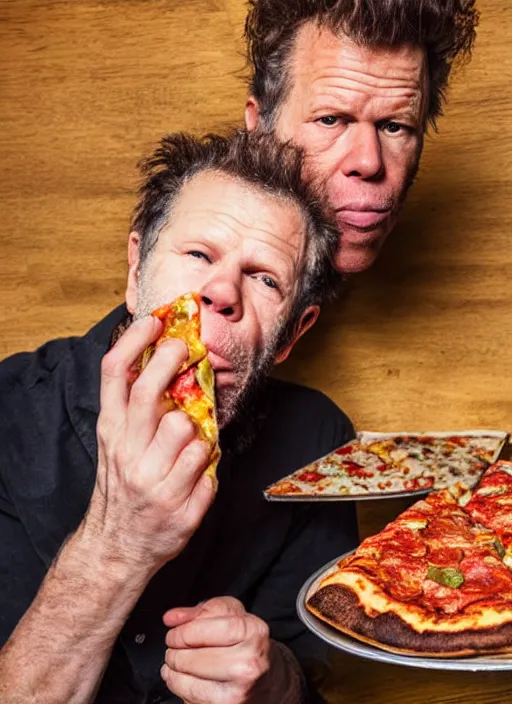 Prompt: Tom Waits eating pizza with ice cream on top, color photograph portrait 4k