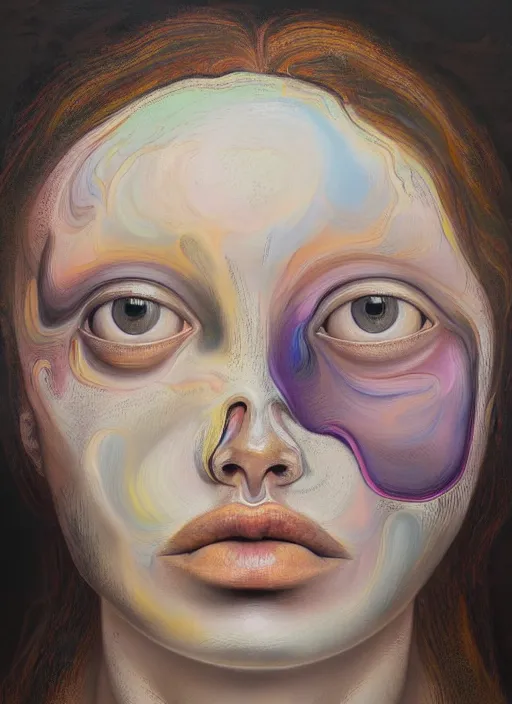 Image similar to a strange, biomorphic painting of a woman with large eyes, in pastel colours in the style of jenny saville, in the style of charlie immer, highly detailed, emotionally evoking, head in focus, volumetric lighting, oil painting, timeless disturbing masterpiece