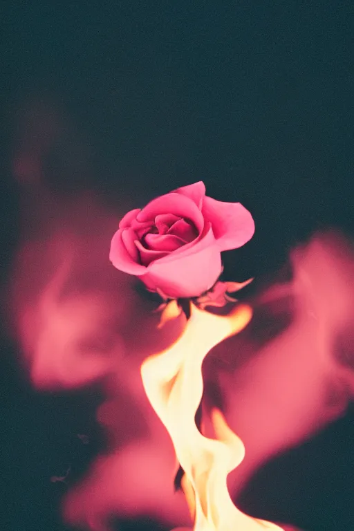 Image similar to Photo of A pink rose set ablaze, Cinestill 800t.