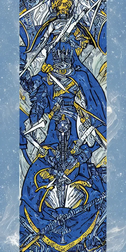 Image similar to Knight of Swords tarot card throne, space fantasy, symmetrical blue white and black, in the style of skottie young