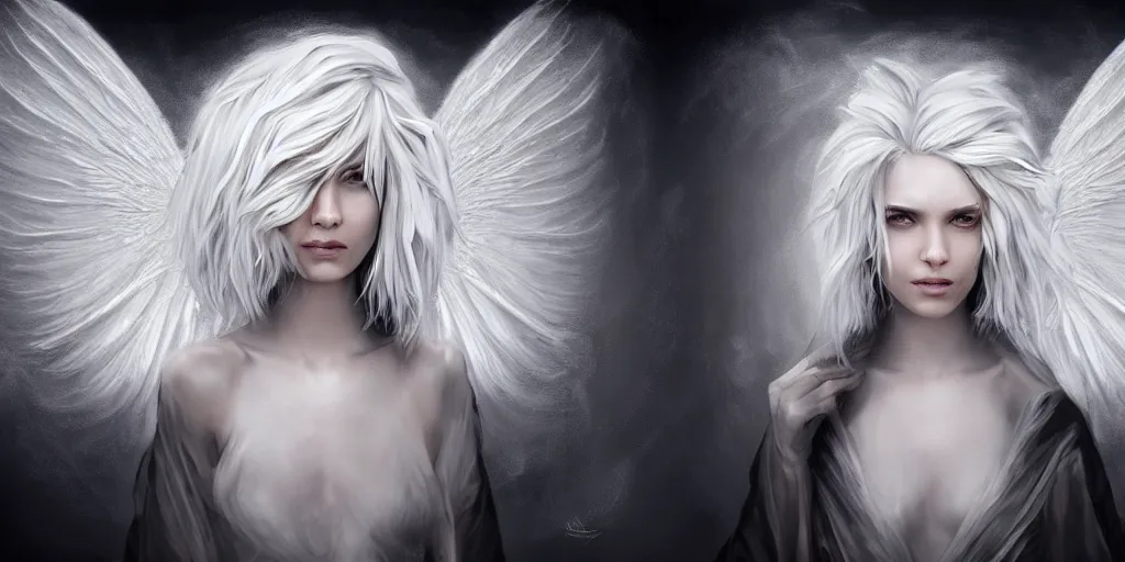 Prompt: portrait of symmetric detailed angel with white hair with detailed white wings flying in black smoke, ultra realistic, epic, highly detailed, hd, sharp focus, cinematic lighting, realistic, vivid colors, gritty, matt painting, digital art, non blurry, sharp, artstation, concept art, smooth, illustration.