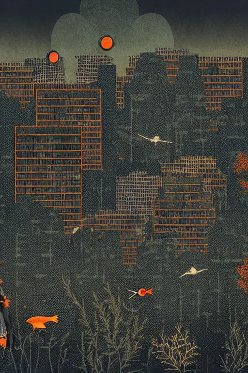 Prompt: city overgrown with nature, lone man+school of fish flying in the sky, Mads Berg, Karolis Strautniekas, film noir, stippled light, dramatic lighting,editorial illustration, detailed,fine texture, matte print, art deco, brutalism, dark blue + dark orange, red, black, ((habitat 67 background))