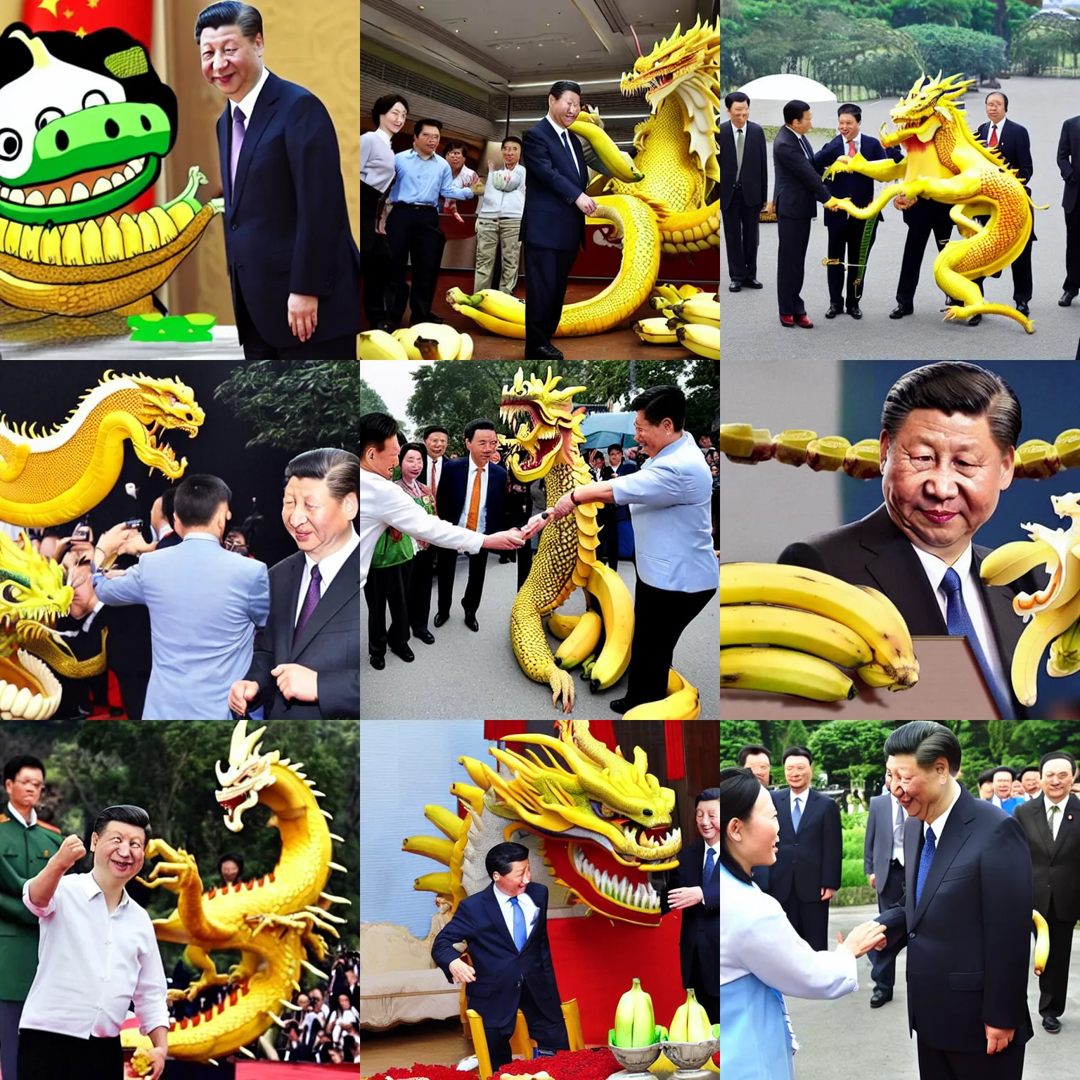 Prompt: Chinese president fighting dragon with bananas