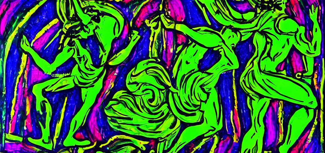 Image similar to an abstract spiritual background, a multiracial greek god dancing, green eyes. high contrast lines, great detail. 2 4 mm, photorealistic, saturated color scheme