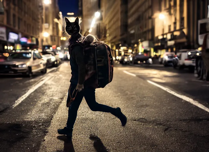 Image similar to photography of a Cat being carried in a backpack . in a new york street. award winning photo, led lighting, night, 130mm, sharp, high res