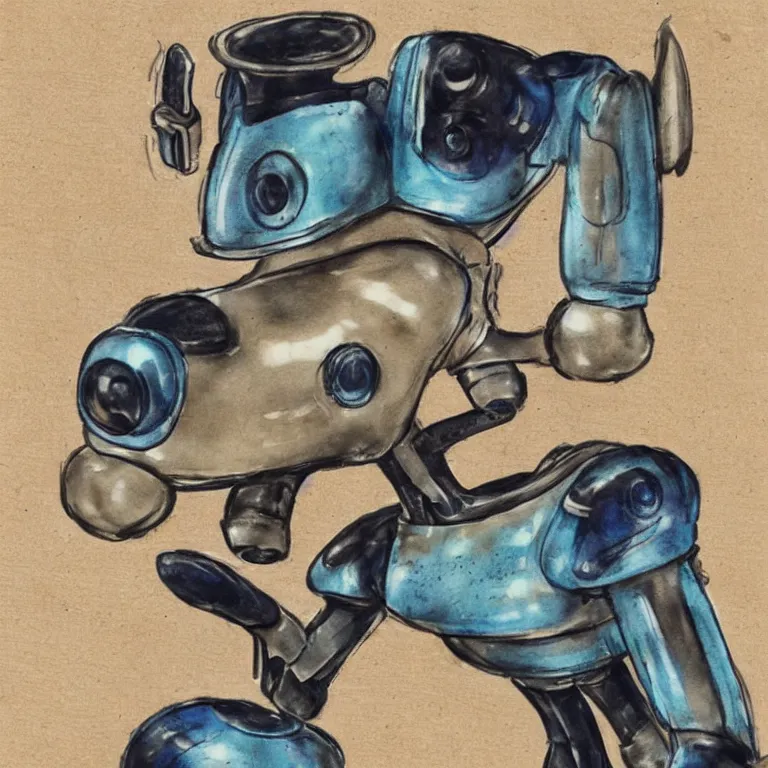 Image similar to a cute robo - puppy. alcohol ink on parchment, muted colors, detailed, textured parchment background, 1 9 5 0 s concept art, jetsons