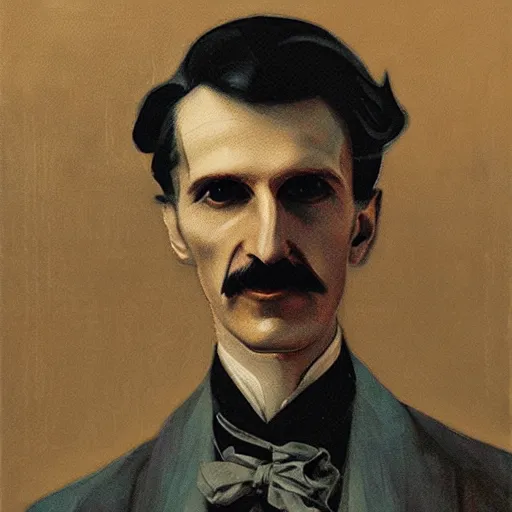 Prompt: portrait of nikola tesla in a laboratory, hanafuda oil on canvas by ivan shishkin, james jean and yoji shinkawa