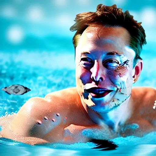 Image similar to Photography of elon musk swimming in a pool surrounded by floating dollar bills