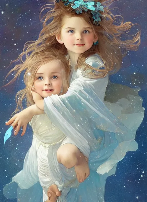 Image similar to a cute little girl with a round cherubic face, blue eyes, and short wavy light brown hair smiles as she floats in space with stars all around her. she is wearing a turquoise dress. beautiful painting by artgerm and greg rutkowski and alphonse mucha