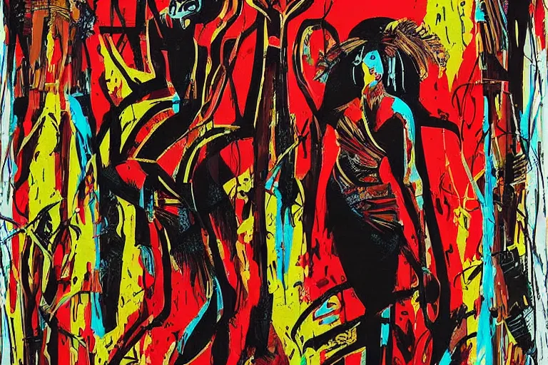 Image similar to abstract background for the winter. tribal dance theme. modern design, painting for a wall, afrikan post - apocalyptic art deco print. ink brush strokes, brushes, lines, woman silhouette, grungy. dirty artistic elements. acrylic art, in the style of danny mcbride and / or knyazev konstantin