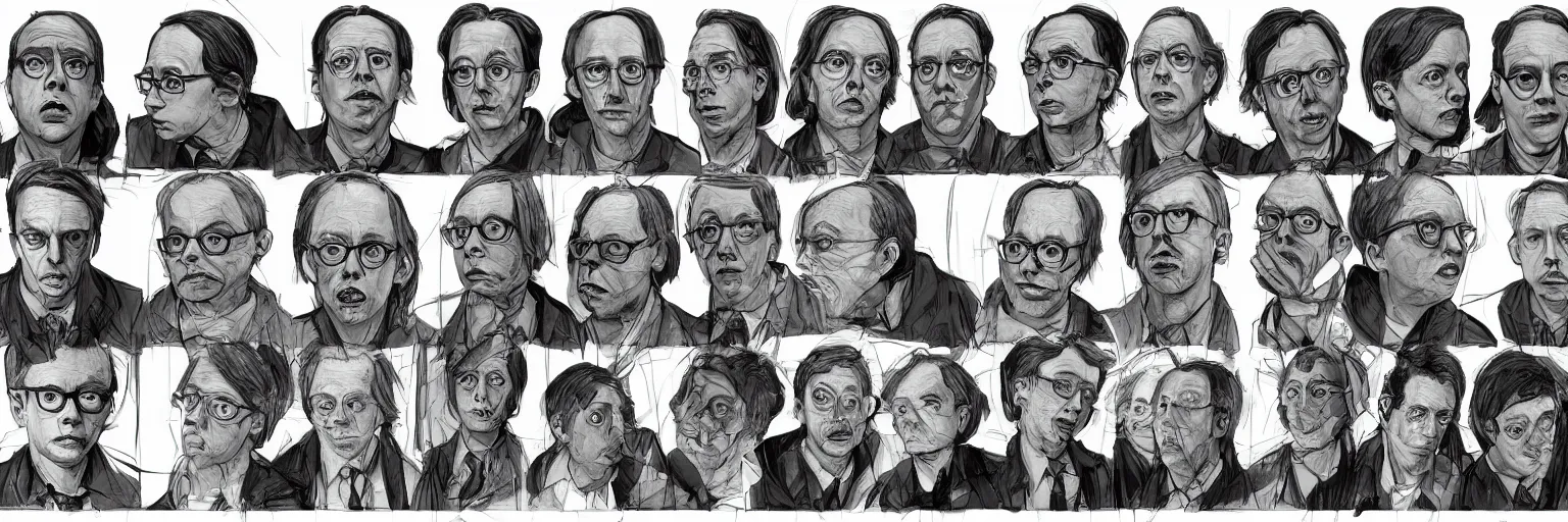 Image similar to character study of todd solondz and steve buscemi and paul dano, 2 0 2 2, clear faces, emotional, character sheet, fine details, concept design, contrast, kim jung gi, pixar and da vinci, trending on artstation, 8 k, full body and head, turnaround, front view, back view, ultra wide angle