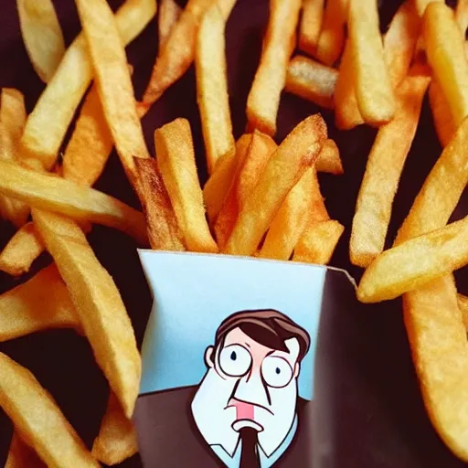 Image similar to photo of [ a single salted french fry chip ] shaped like that looks like stephen fry as a pixar character hybrid intercross mix cinematic lighting