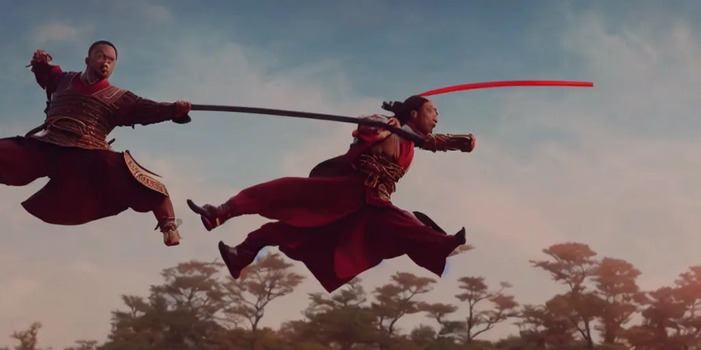 Image similar to a film still of a light skinned black man starring as an ancient samurai flying doing a flying kick, japanese blockbuster film, the sky is red, shallow depth of field, cinematic, award winning cgi, vfx, film still
