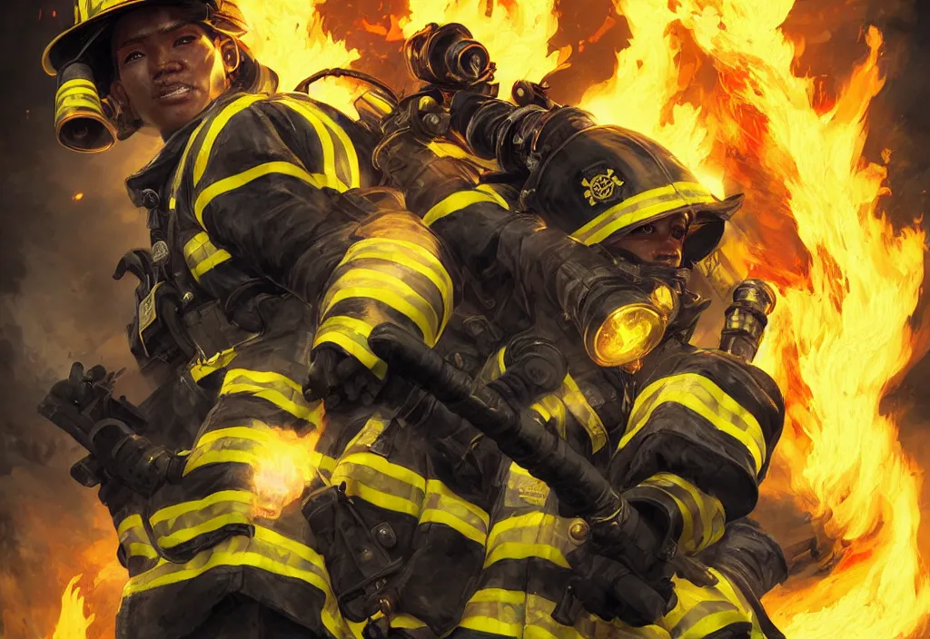 Image similar to heroic firefighter in action in black and yellow uniform, fire flames, sharp details, sharp focus, elegant, highly detailed, illustration, by jordan grimmer and greg rutkowski and 薯 子 imoko and wlop and maya takamura, intricate, art gta 5 cover