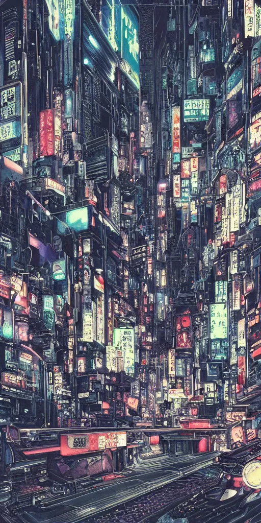 Image similar to beautiful and detailed anime drawing of an GHOST IN THE SHELL-like cyberpunk city landscape with light trail from a motorcycle at the bottom and a bridge silhouette at the top, japan at night, 1980s, by Katsuhiro Otomo and mamoru oshii, wide angle, worm\'s eye view, grand, clean, colorful