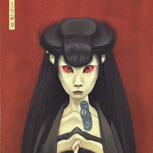 Image similar to portrait of takaonna yokai, misty night, beautiful! coherent! by brom! deep colors, strong lines, high contrast