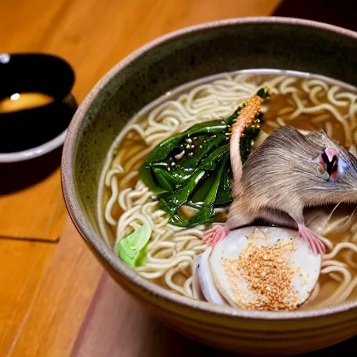 Image similar to rat in japanese ramen bowl, michelin star restaurant, award winning photo, food photography, 8 k