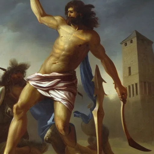 Image similar to high quality high detail painting, of david killing giant goliath