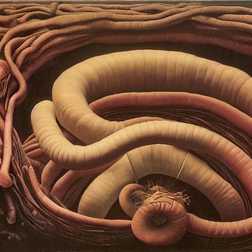 Image similar to by grant wood, by valentin de boulogne midday, dramatic lighting ultradetailed, insane. a installation art of the human intestine in all its glory. each section of the intestine is labelled, & various items & creatures can be seen inside, such as bacteria, food particles, & even a little mouse.