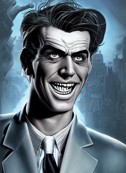 Prompt: aesthetic digital illustration of a handsome grinning young man by brian bolland, rachel birkett, alex ross, and neal adams | sinister, dangerous, character concept, concept art, unreal engine, finalrender, centered, deviantart, artgerm