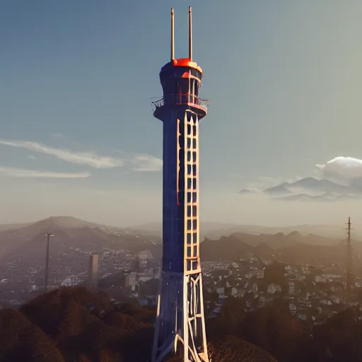 Prompt: sutro tower in san francisco, radio tower, twin peaks, digital art, artstation, octane render