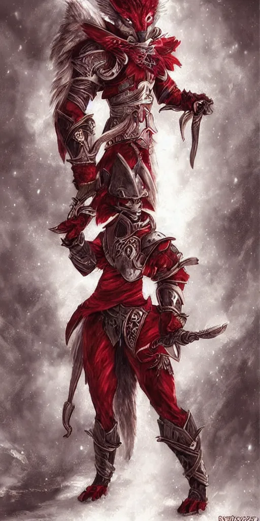 Image similar to beautiful, highly detailed, anthropomorphic elegant crimson wolf knight furry in armor, magic the gathering