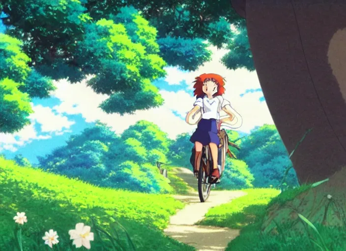 Prompt: anime fine details portrait of joyful girl ride nike in picture in nature, trees, green meadows, bokeh. anime masterpiece by Studio Ghibli. 8k, sharp high quality classic anime from 1990 in style of Hayao Miyazaki