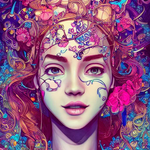 Prompt: the most incredibly beautiful and gorgeous young woman smiling, an ultrafine detailed illustration by james jean, final fantasy, intricate linework, bright colors, behance contest winner, vanitas, angular, altermodern, unreal engine 5 highly rendered, global illumination, radiant light, detailed and intricate environment