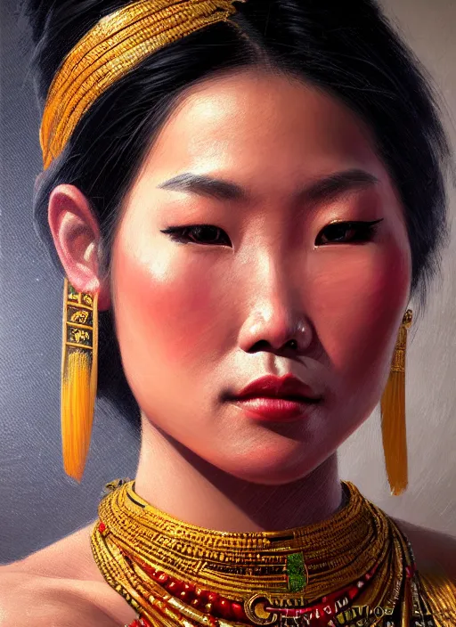 Image similar to portrait of a beautiful female tai ethnic sukhothai, closeup portrait, historical, ethnic group, traditional costume, elegant, loin cloth, highly detailed, oil painting, artstation, concept art, matte, sharp focus, illustration, hearthstone, art by earl norem