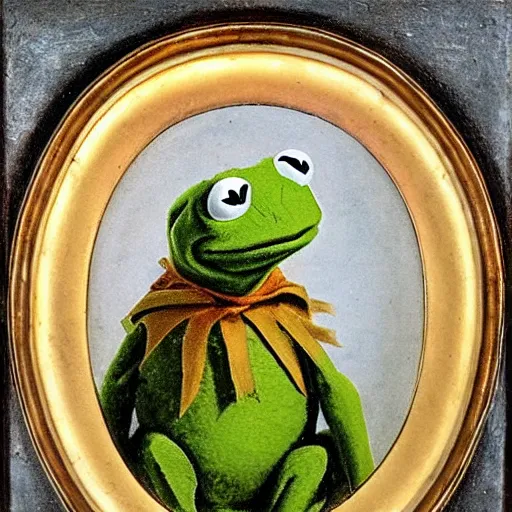 Image similar to portrait of Kermit the frog sitting on a stool, 1700s oil painting, antique