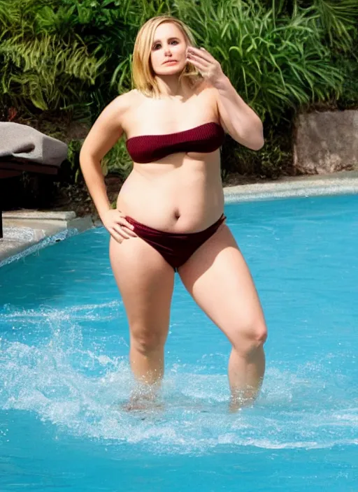 Prompt: thick chubby curvy kristen bell in a bikini with a fat chubby belly sitting on the edge of a pool