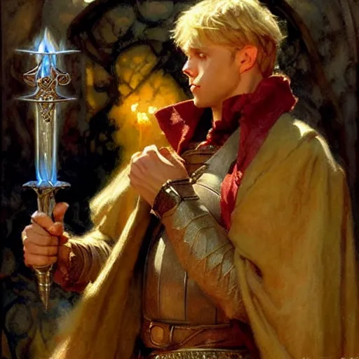 Image similar to handsome arthur pendragon in love with handsome merlin the mage. highly detailed painting by gaston bussiere, craig mullins, j. c. leyendecker