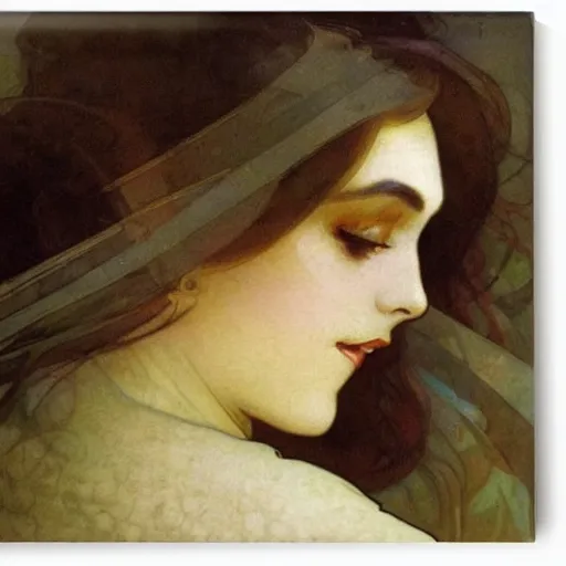 Image similar to beautiful woman's sideface, beautiful background, by alfons maria mucha, highly detailded