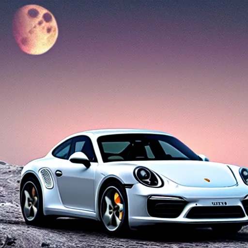 Image similar to porsche driving on the moon io with jupiter large in the sky